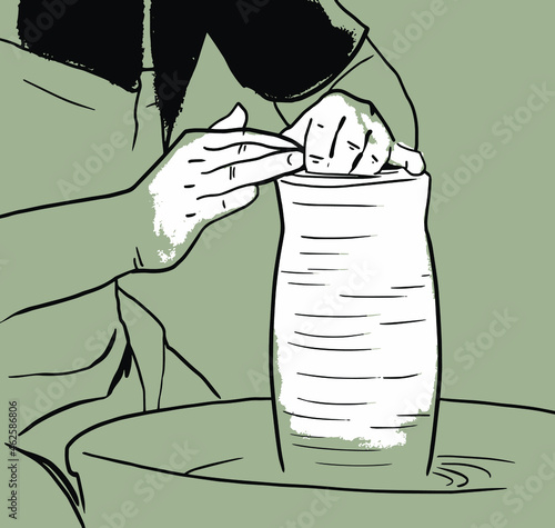 A potter makes a vase from clay on a potter's wheel. Vector sketch.