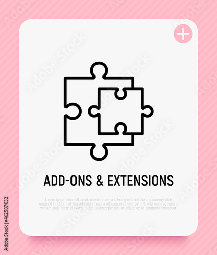 Add-ons and extensions. Browser add thin line icon, two details of puzzle. Modern vector illustration.