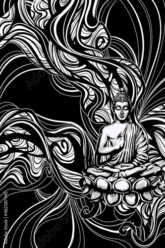 Buddha sitting in the lotus position with an illuminated face on the background of the mandala