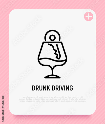 Drunk driving thin line icon, car key in wineglass with alcohol. Vector illustration.