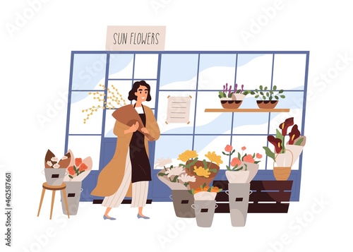 Florist seller with bouquet outside of flower shop. Vendor decorating outdoor of retail store. Fresh blooming plants trade. Modern flowershop. Flat vector illustration isolated on white background