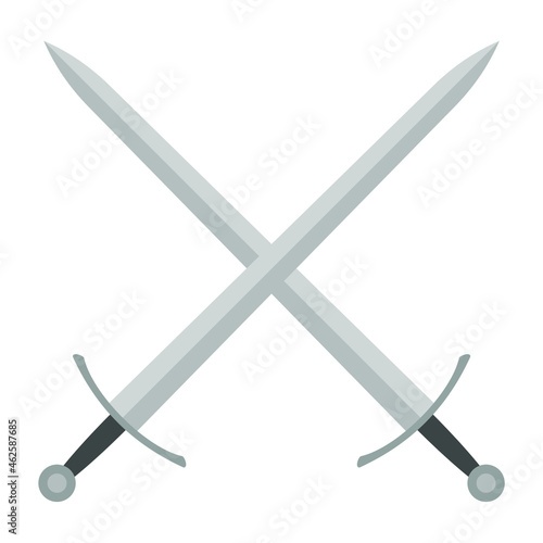 Sword vector illustration icon. Crossed swords military or heraldry symbol. Protection and security sign. Medieval or knight weapon. Fantasy longsword fencing logo. Clip-art silhouette.