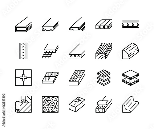 Floor repair material flat line icons set. Consist of Wood, tile, stone, pvc, vinyl. Simple flat vector illustration for web site or mobile app