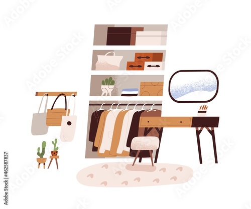 Wardrobe interior design with modern closet, mirror, chair and table. Inside Scandinavian dressing room at home with furniture and clothes. Flat vector illustration isolated on white background