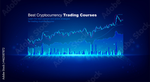 Holographic graphs and stock market statistics gain profits. Stock market and exchange candlestick chart. Cryptocurrency concept of growth planning and business strategy. Display of good economy form