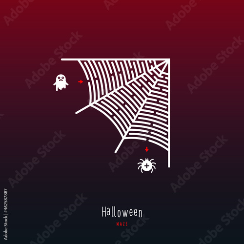 Abstract maze spider web. Game for children and parents. Puzzle for kids. Labyrinth conundrum. Flat vector illustration isolated on dark red background. One Entrance, One Exit. Cartoon style.
