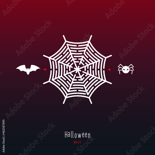 Abstract maze spider web. Game for children and parents. Puzzle for kids. Labyrinth conundrum. Flat vector illustration isolated on dark red background. One Entrance, One Exit. Cartoon style.