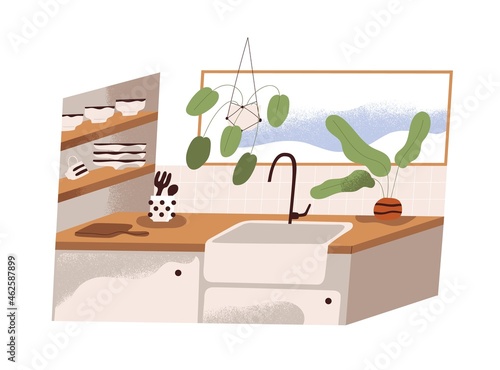 Kitchen interior design with sink and faucet, clean kitchenware and utensil, ...