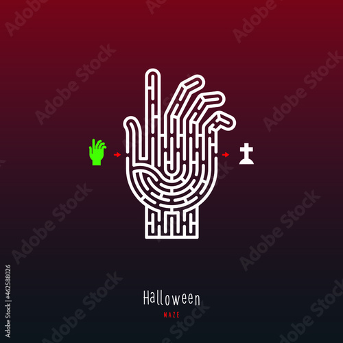 Abstract maze hand. Game for children and parents. Puzzle for kids. Labyrinth conundrum. Flat vector illustration isolated on dark red background. One Entrance, One Exit. Cartoon style.