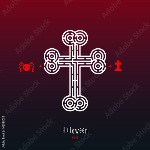 Abstract maze cross bones. Game for children and parents. Puzzle for kids. Labyrinth conundrum. Flat vector illustration isolated on dark red background. One Entrance, One Exit. Cartoon style.