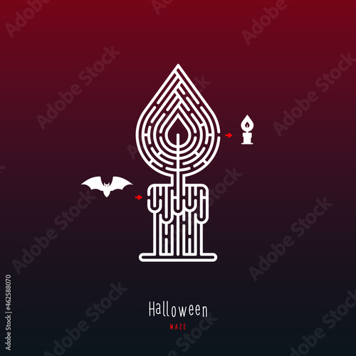 Abstract maze candle. Game for children and parents. Puzzle for kids. Labyrinth conundrum. Flat vector illustration isolated on dark red background. One Entrance, One Exit. Cartoon style.
