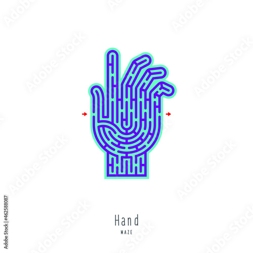 Abstract maze hand. Game for children and parents. Puzzle for kids. Labyrinth conundrum. Flat vector illustration isolated on white background. One Entrance, One Exit. Cartoon style.