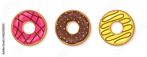 Glazed donuts with glossy icing. Top view of doughnuts. Set sweet birthday pastry. Cartoon confectionery dessert isolated on white background. Flat design. Vector illustration.