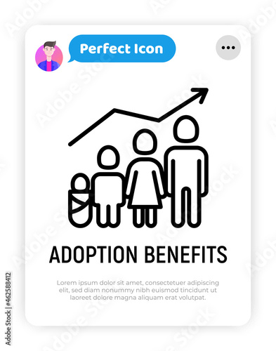 Adoption benefits thin line icon, family with child and baby and graph of growth. Modern vector illustration.