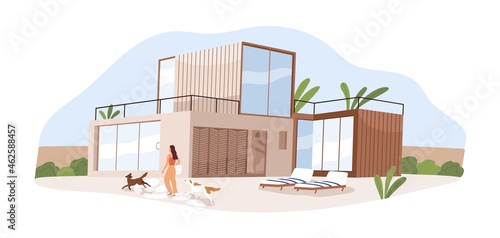 Modern house and person walking with dogs outside modular home. Residential building. Luxury mansion from glass with deckchairs outdoors. Colored flat vector illustration isolated on white background