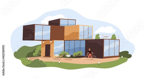 Modern modular house and person outside. Exterior of wood and glass container home in nature. Residential building, trendy mansion. Colored flat vector illustration isolated on white background