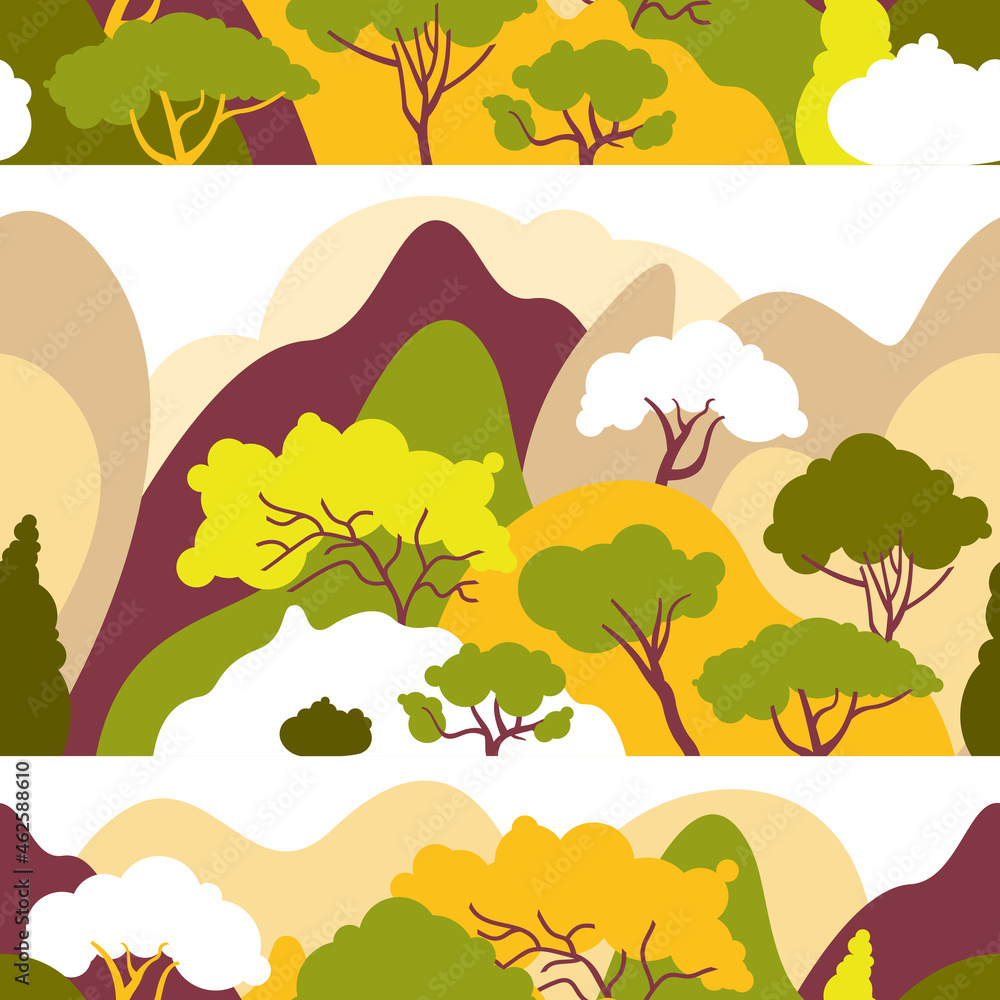 Seamless pattern with mountain hilly landscape with plants and trees. Scandinavian style. Environmental protection, ecology. Park, exterior space, outdoor. Vector illustration.