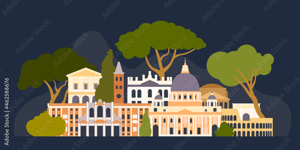 Italy, Rome. The architectural landscape of the European city. Vector illustration. 