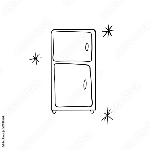 Refrigerator and snowflakes. Vector illustration in sketch style. Sketchy fridge on white background. Free hand drawn. Vector illustration.