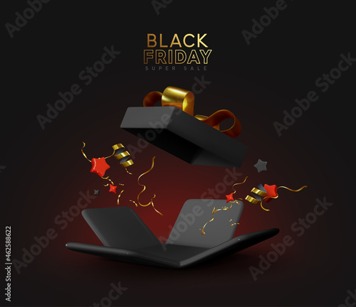 Black Friday sale. Realistic 3d template of open gift boxes. Dark gift box with gold confetti. New Year and Christmas design. Xmas decorative surprise object. Present birthday. vector illustration