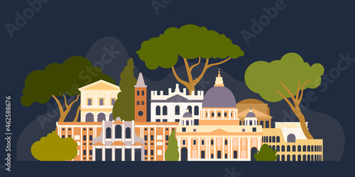 Italy, Rome. The architectural landscape of the European city. Vector illustration. 