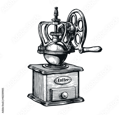 Vintage coffee grinder with wooden handle on white background. Hand drawn sketch vector illustration