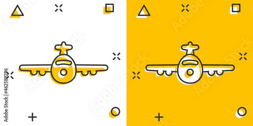 Plane icon in comic style. Airplane cartoon vector illustration on white isolated background. Flight airliner splash effect business concept.