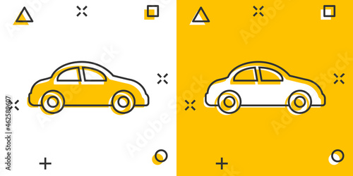 Fototapeta Naklejka Na Ścianę i Meble -  Car icon in comic style. Automobile vehicle cartoon vector illustration on white isolated background. Sedan splash effect business concept.