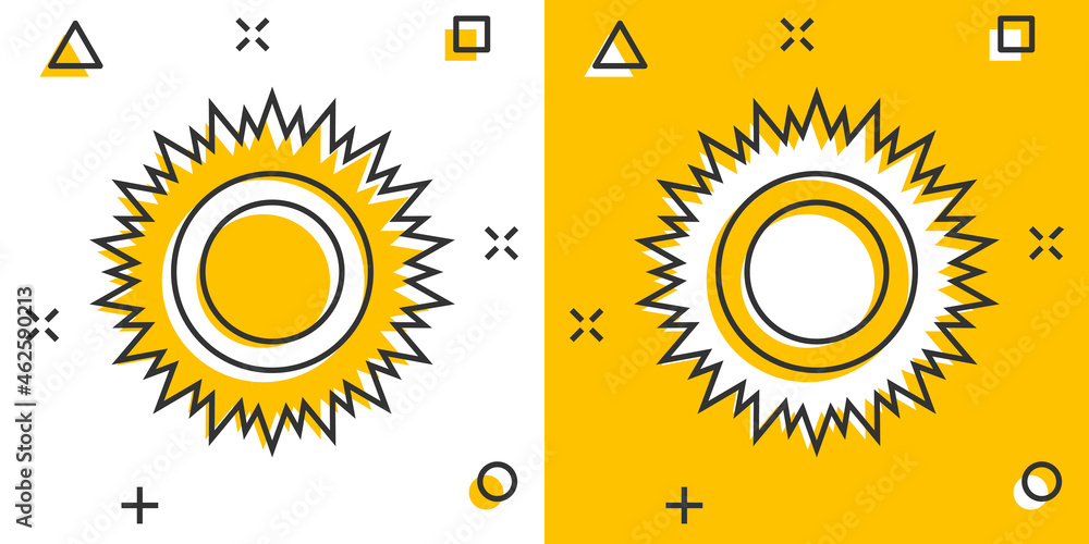 Fototapeta premium Sun icon in comic style. Sunlight cartoon sign vector illustration on white isolated background. Daylight splash effect business concept.