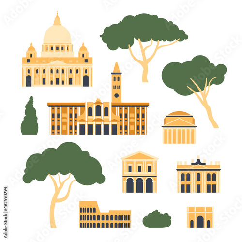 Italy, Rome. Architectural collection of buildings and trees. Vector illustration. 