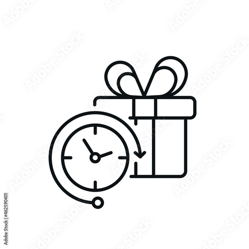 Gift box with clock linear icon. Thin line customizable illustration. Vector isolated outline drawing. Editable stroke