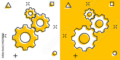Gear vector icon in comic style. Cog wheel cartoon illustration on white isolated background. Gearwheel cogwheel splash effect business concept.