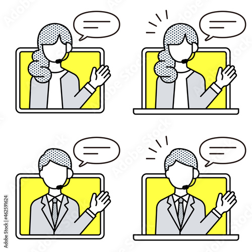 オンライン接客のアイコン ヘッドセットを装着した女性と男性 タブレットとノートPCのセット