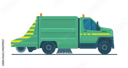Vacuum road sweeper truck with brushes. Vector illustration.