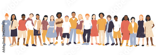 Children of different ethnicities stand side by side together. Flat vector illustration.