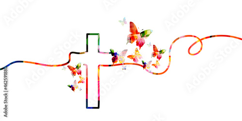 Christian cross with butterflies isolated vector illustration. Religion themed background. Design for Christianity, prayer and care, church service, communion, charity, help and support