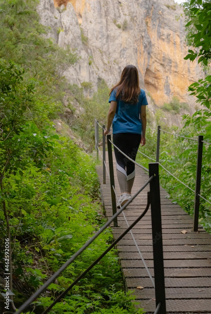 Woman walks along wooden bridge, strolling through nature