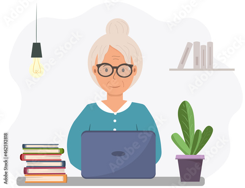 An elderly woman smiles at the camera while sitting at a laptop vector illustration