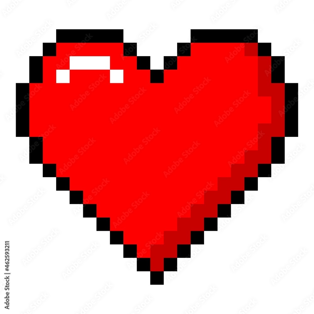 Red pixel heart. Symbol of romantic love and gaming 8bit life. Health sign in arcade games and friendly online vector approval Red pixel heart. Symbol of romantic love and gaming 8bit life. Health sign in arcade games and friendly online vector approval
