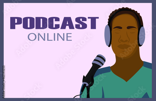 Promo banner for Podcast, Streaming, Online show, blogging, radio broadcasting. Microphone and man with headphones. Vector illustration for poster, banner, advertising.