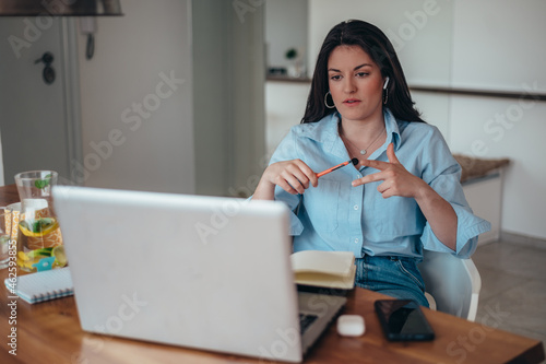 Beautiful young businesswoman using a laptop while working at home