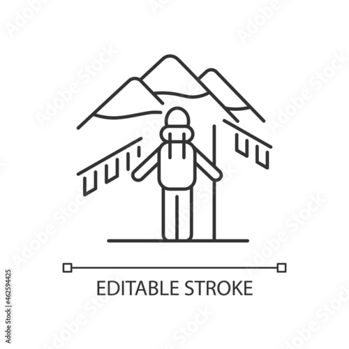 Trekking in Nepal linear icon. Mountaineering destination. Hiking through Himalayas. Thin line customizable illustration. Contour symbol. Vector isolated outline drawing. Editable stroke