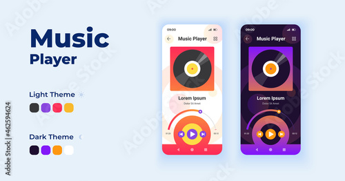 Music player cartoon smartphone interface vector templates set. Mobile app screen page day and dark mode design. Online streaming service. Broadcasting songs UI for application. Phone display