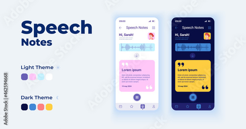 Speech notes cartoon smartphone interface vector templates set. Mobile app screen page day and dark mode design. Audio message. Text notifications. Messanger UI for application. Phone display