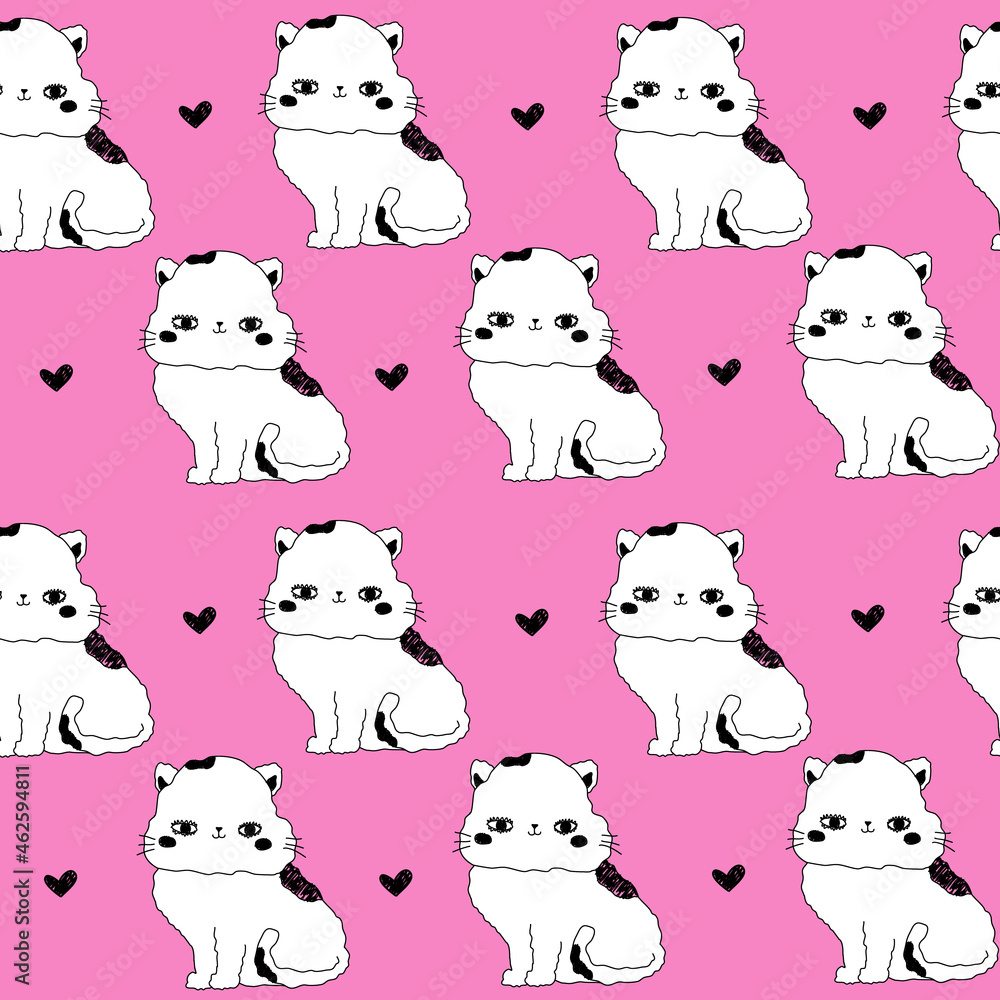 Cute pink pattern with black hearts cats text. Pets seamless background. Textiles for children Digital paper scrapbook. Cute pink pattern with black hearts cats text. Pets seamless background. Textiles for children Digital paper scrapbook.