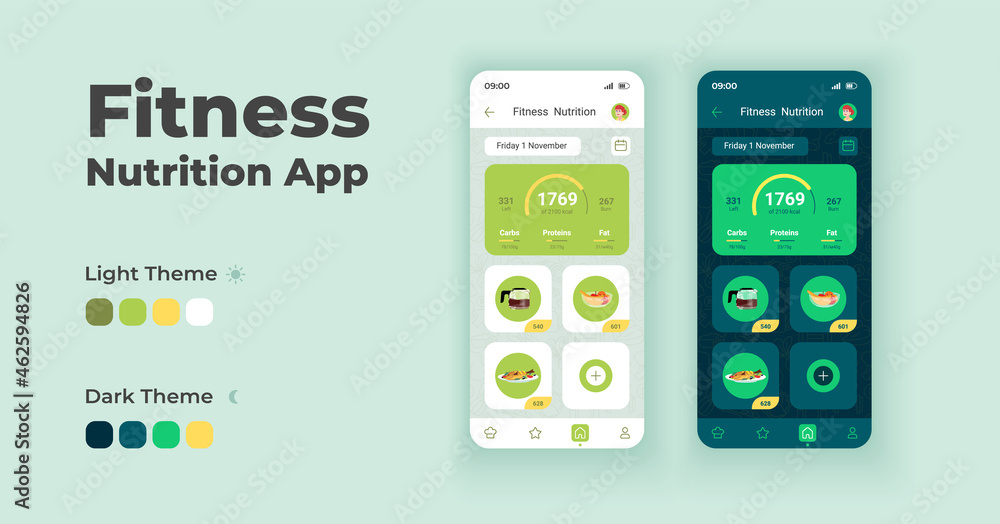 Fitness nutrition app cartoon smartphone interface vector templates set. Mobile app screen page day and dark mode design. Daily meals management. Dietary planner UI for application. Phone display Fitness nutrition app cartoon smartphone interface vector templates set. Mobile app screen page day and dark mode design. Daily meals management. Dietary planner UI for application. Phone display