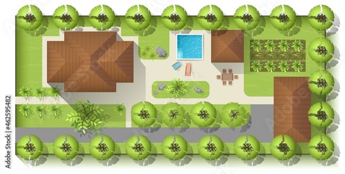 Top view of a country with house, courtyard, lawn and garage.Highly detailed landscape design plan Top view of a house. Vector illustration.