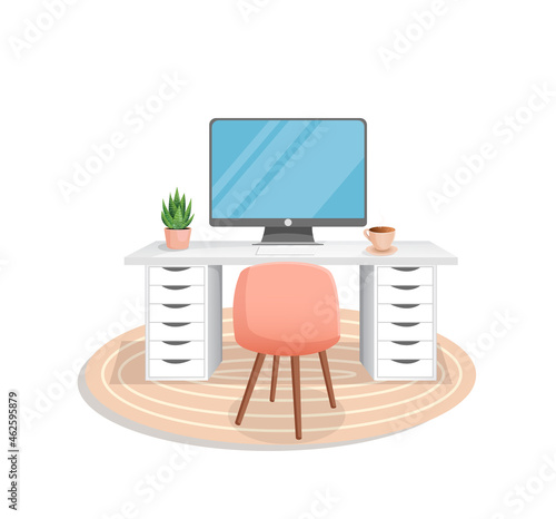 Workspace with computer, table, plant, chair, carpet and cup on isolated white background for home office, cabinet, remote work, freelance, teaching. Vector illustration in flat cartoon style.