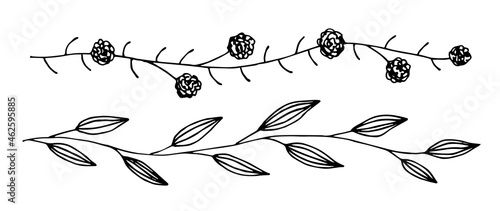 Simple hand-drawn vector drawing in black outline. Horizontal long floral
garland. Branch, leaf and flower frame, border. Delicate banner ornament for invitations, product design. Ink sketch, set.