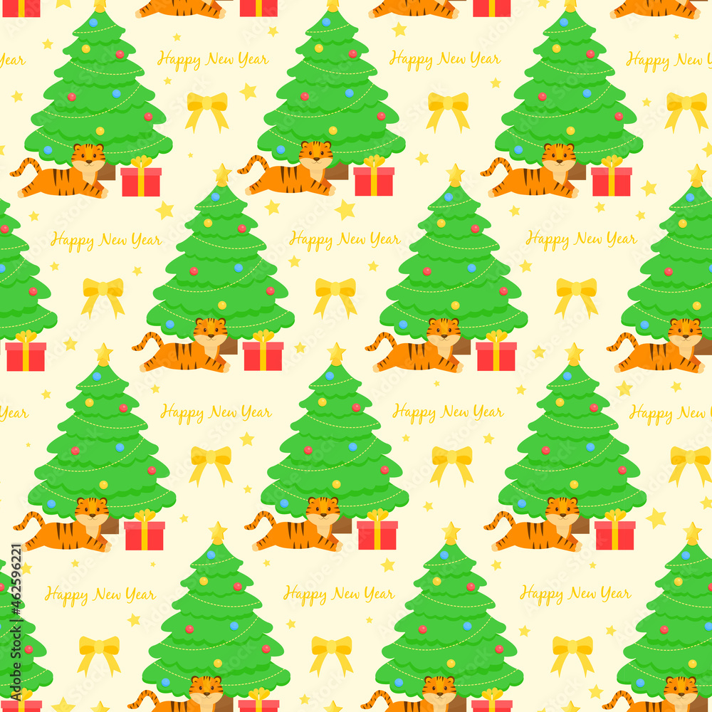 This is a seamless pattern with a Christmas tree, lion on a light background. Wrapping paper.